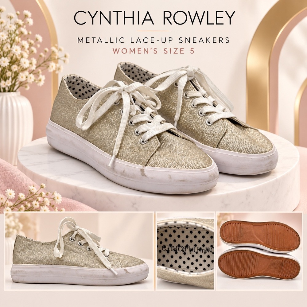 Cynthia Rowley Metallic Gold Lace Up Sneakers Womens Size 5 Low Top S976
